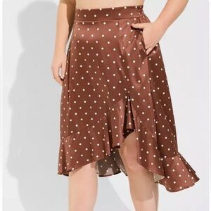 Torrid Midi Stretch Brown Satin Polka Dot Hi-Low Ruffle Skirt Womens Size 1X